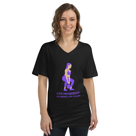 Black V-neck tee with purple graphic of woman doing barbell squats and text "Gym Membership 10% Workouts 90% Childcare".