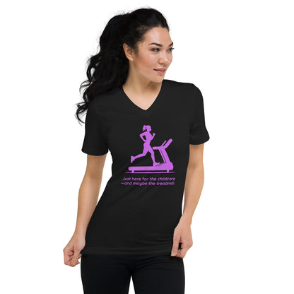 Black V-neck tee with pink treadmill graphic and humorous "Just here for the childcare—and maybe the treadmill" text.