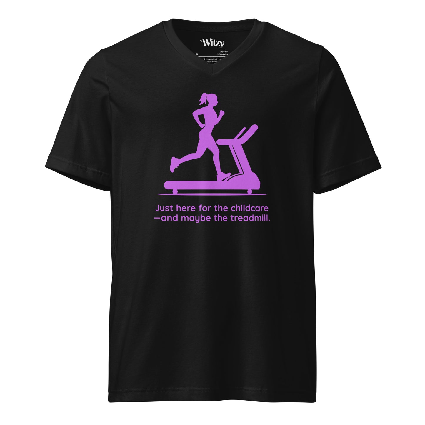 Black V-neck tee with purple graphic of a woman running on a treadmill and text "Just here for the childcare—and maybe the.