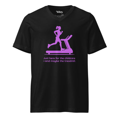 Black V-neck tee with purple graphic of a woman running on a treadmill and text "Just here for the childcare—and maybe the.