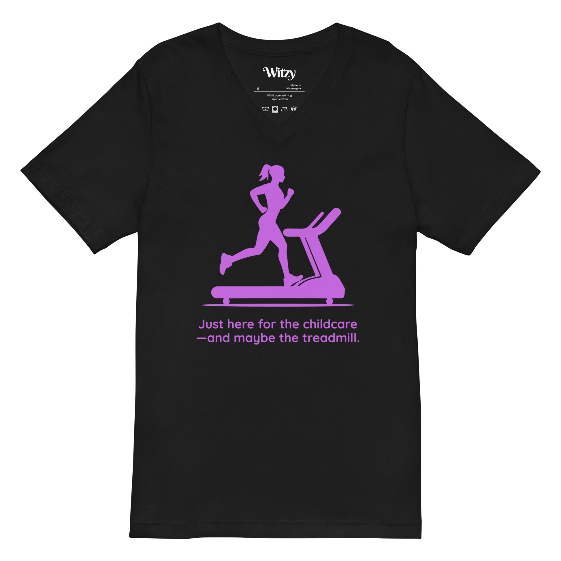 Black V-neck tee with purple graphic of woman running on treadmill and text "Just here for the childcare—and maybe the.