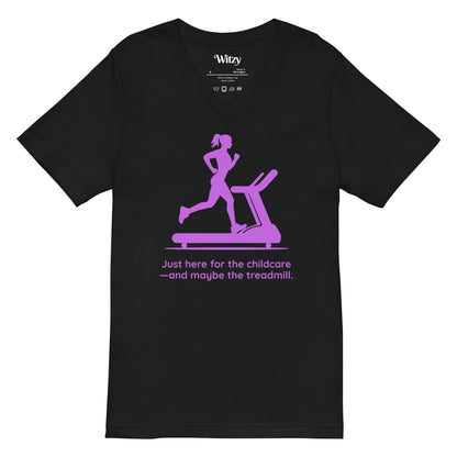 Black V-neck tee with purple graphic of woman running on treadmill and text "Just here for the childcare—and maybe the.