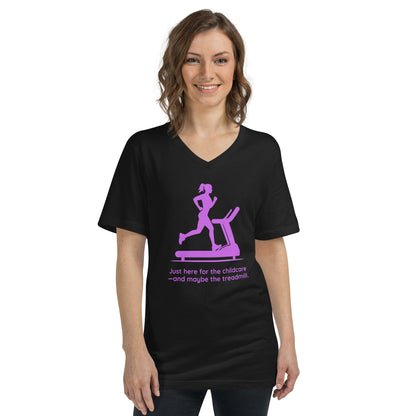 Black V-neck tee with purple running woman on treadmill and humorous childcare text.