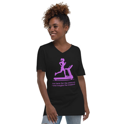 Black V-neck tee with purple silhouette of a woman on treadmill and playful childcare text.