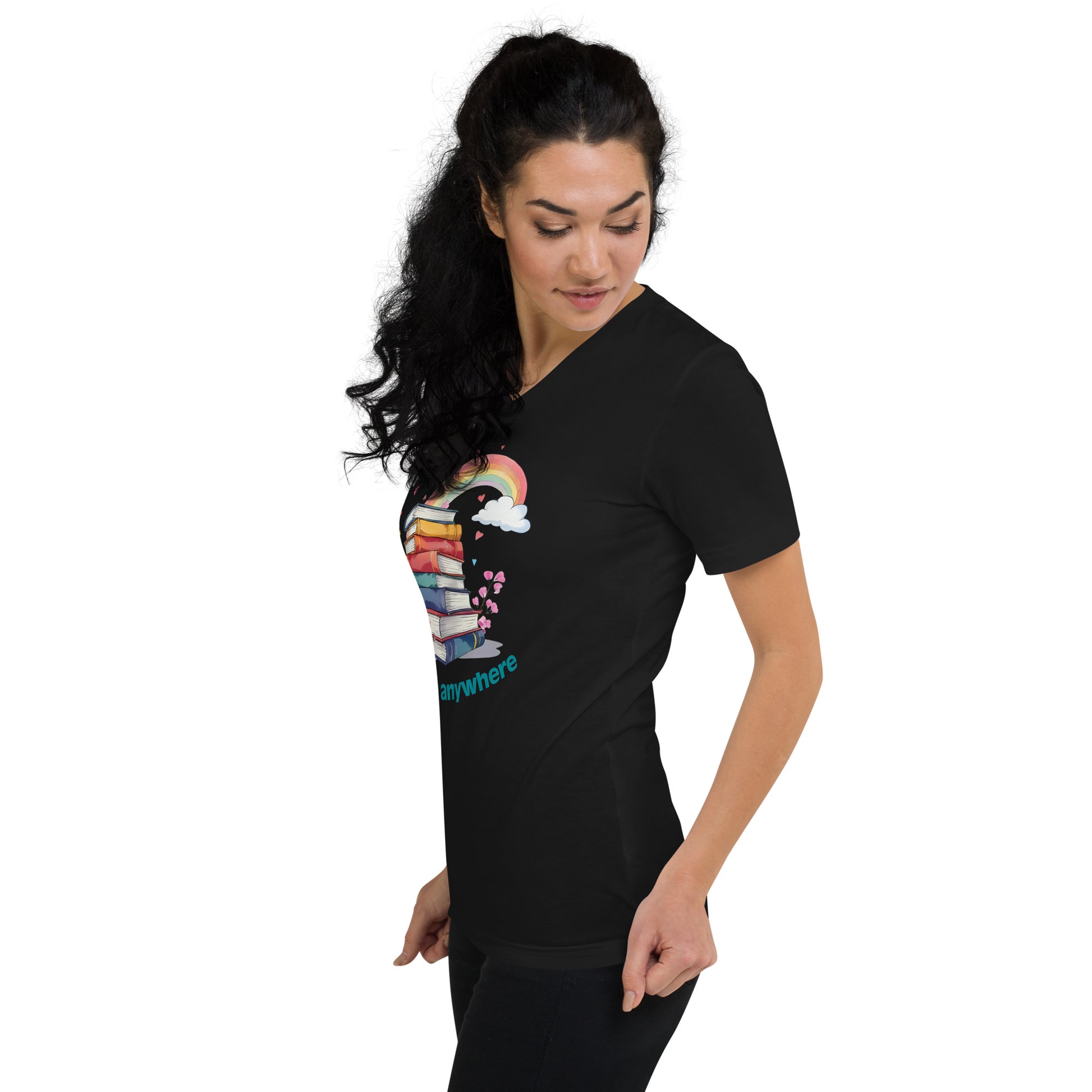 Black unisex v-neck tee with colorful stacked books forming a rainbow and "I Can Go Anywhere" text.