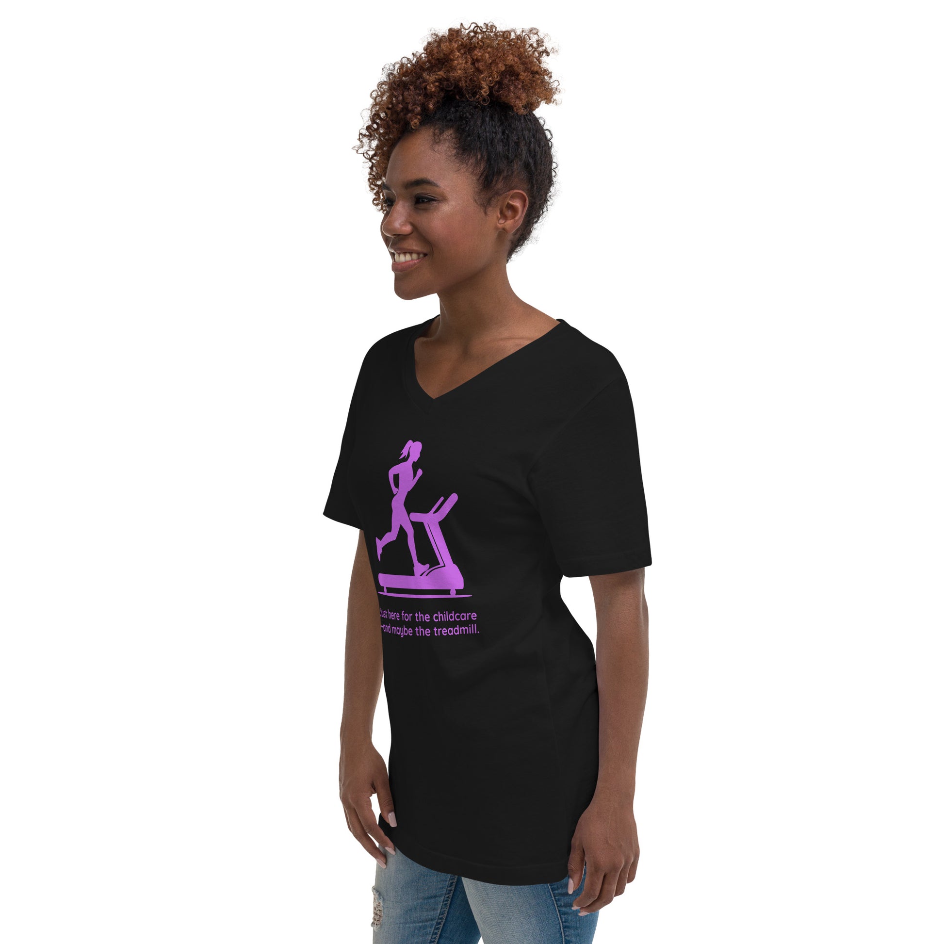 Black V-neck tee with purple treadmill graphic and playful mom workout text, worn by smiling woman.