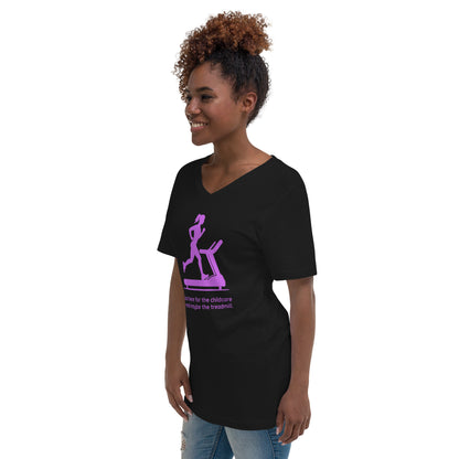 Black V-neck tee with purple treadmill graphic and playful mom workout text, worn by smiling woman.