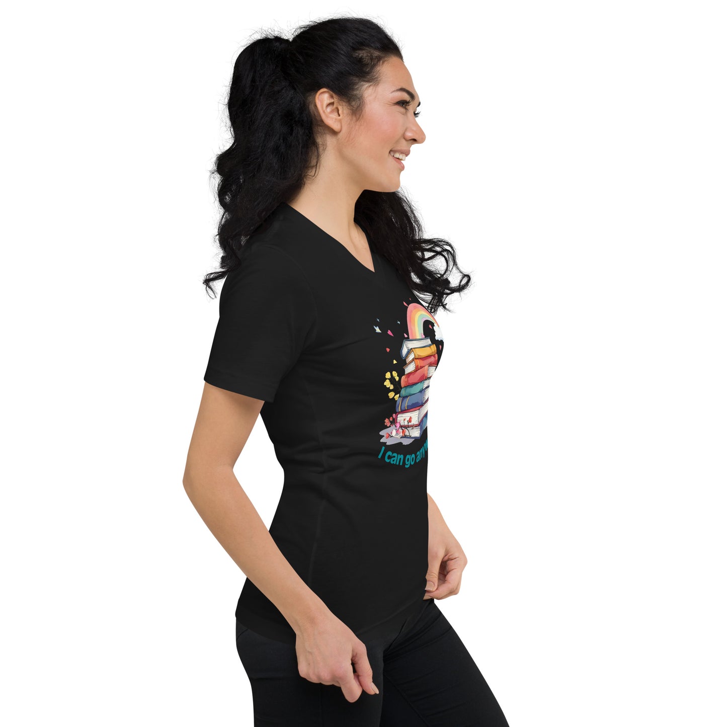 Black unisex v-neck tee with colorful stacked books and rainbow graphic on front.
