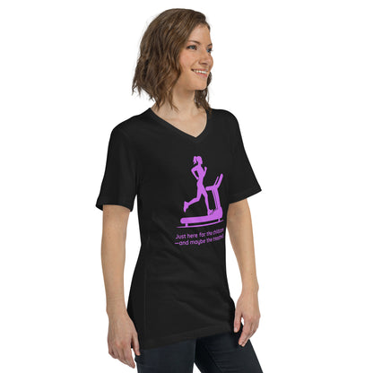 Black V-neck tee with purple graphic of a woman on a treadmill and humorous childcare text.