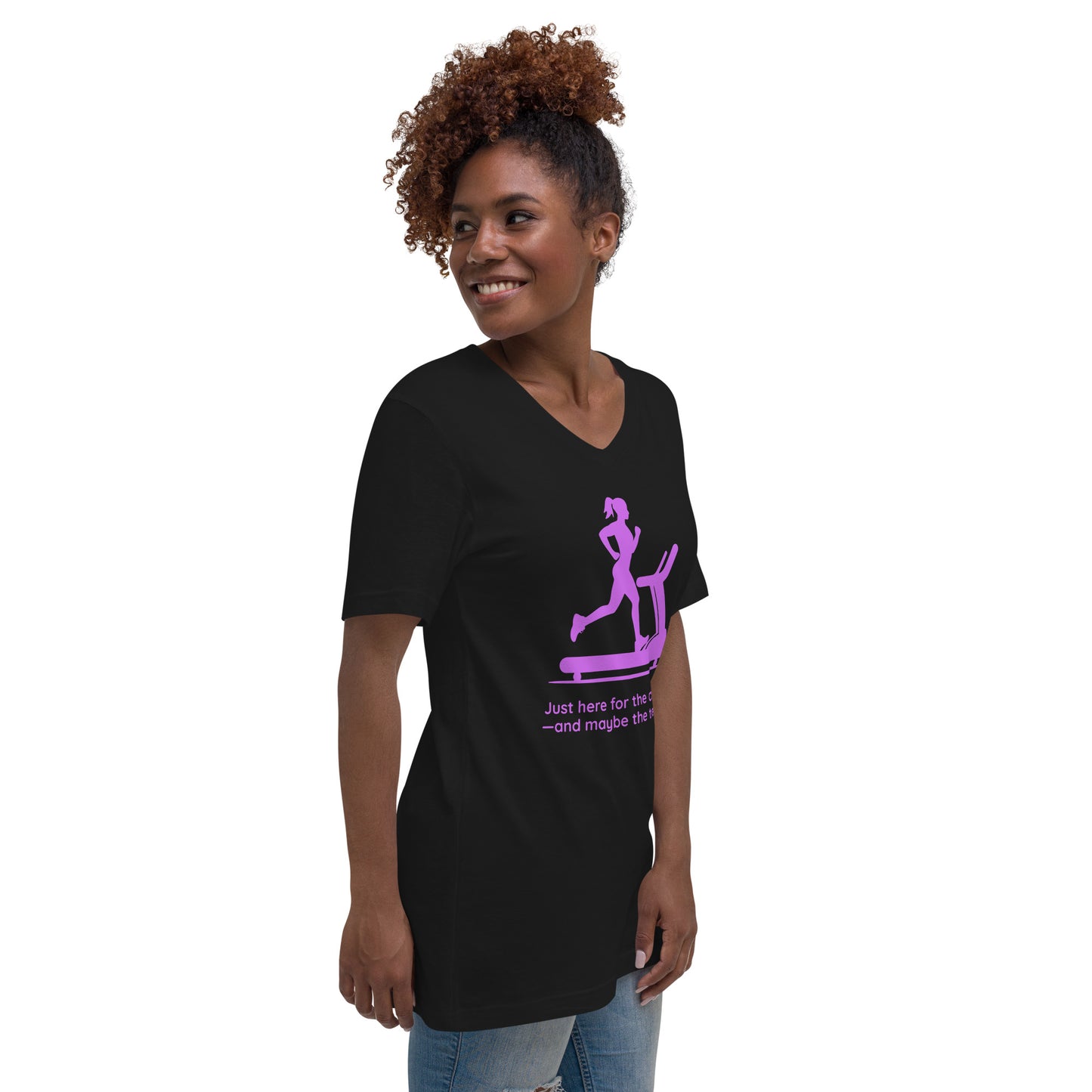 Black V-neck tee with purple treadmill graphic and humorous mom workout text.
