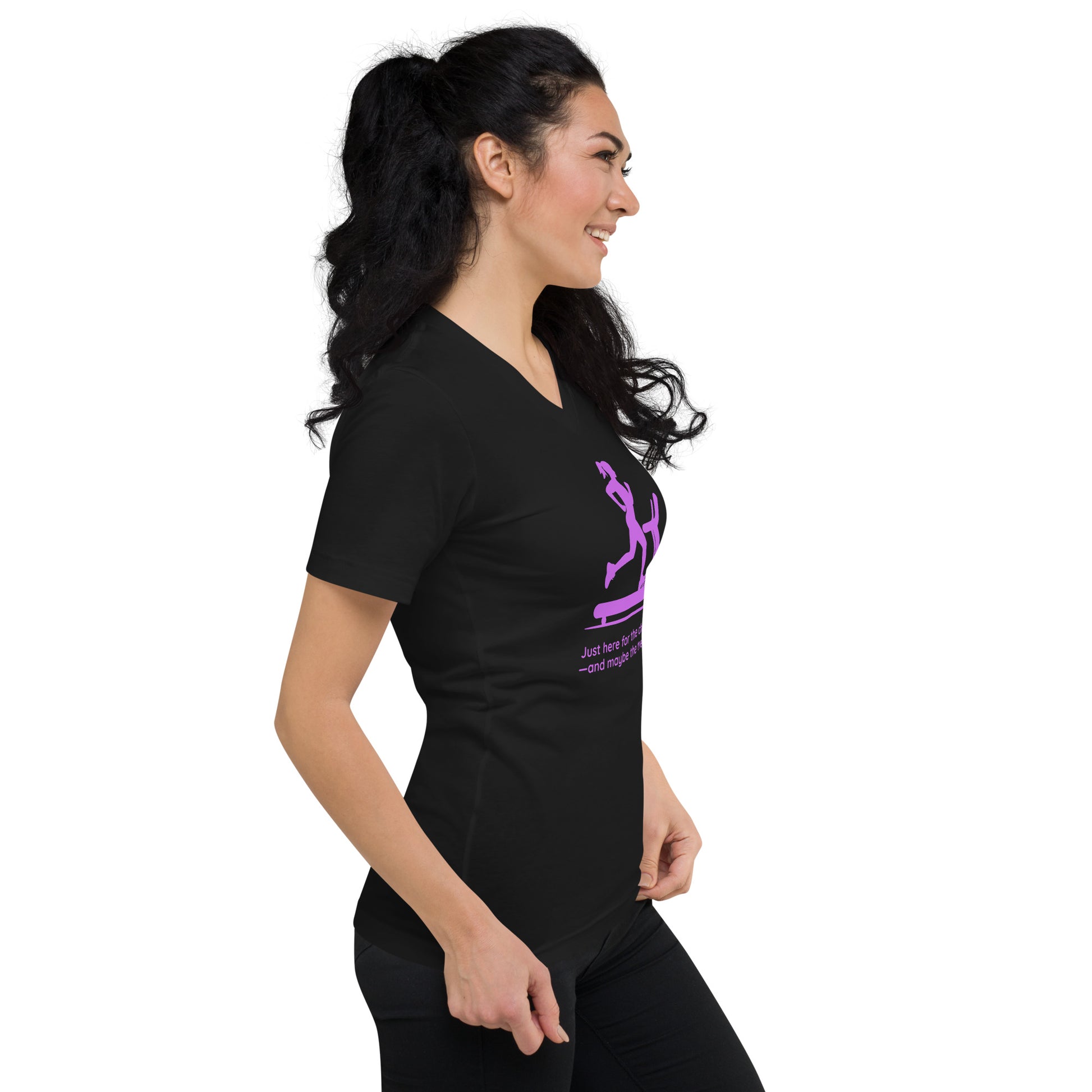 Black V-neck tee with purple and pink athletic mom graphic, worn by woman with curly hair in ponytail, side view.