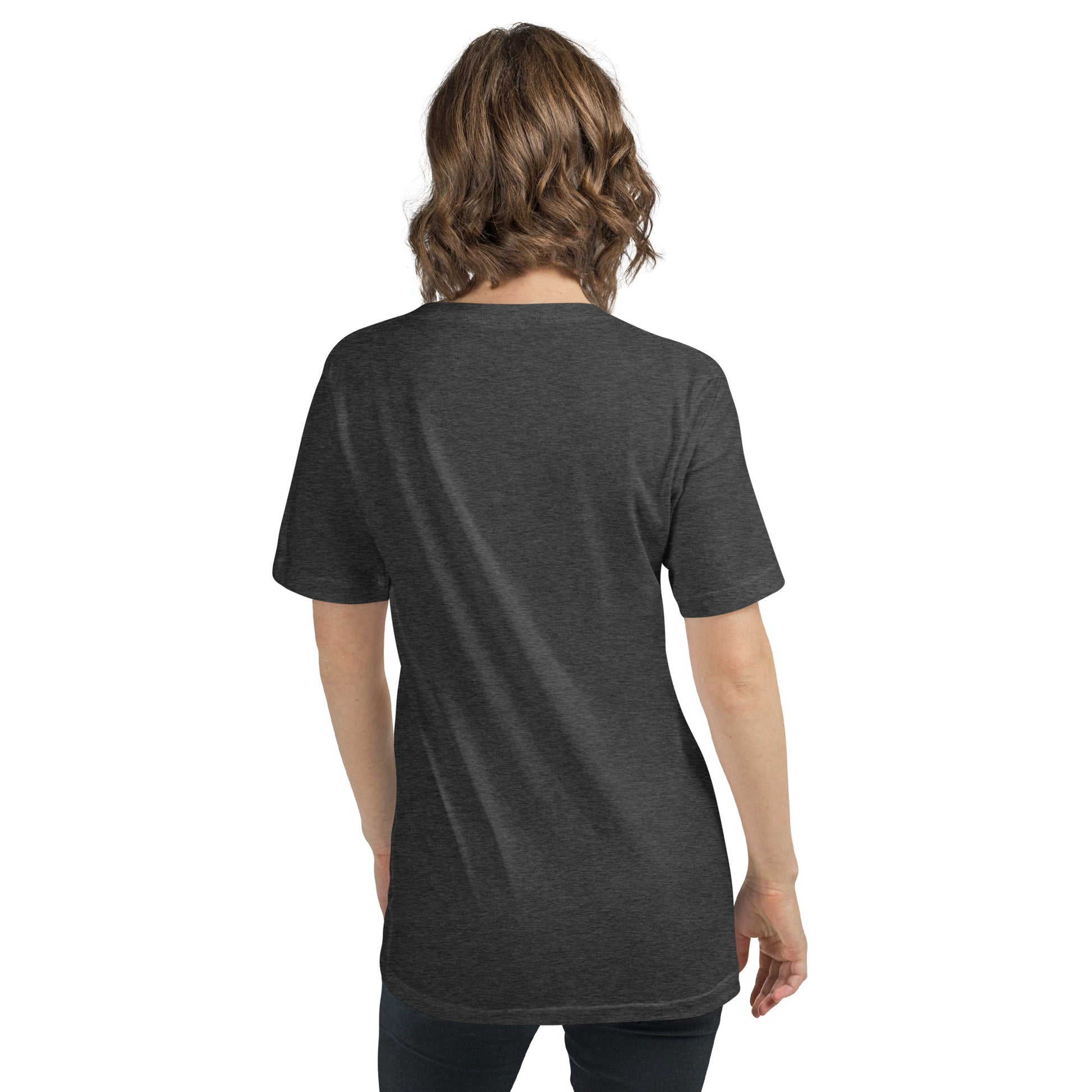 Dark grey heather V-neck T-shirt with short sleeves shown from the back.