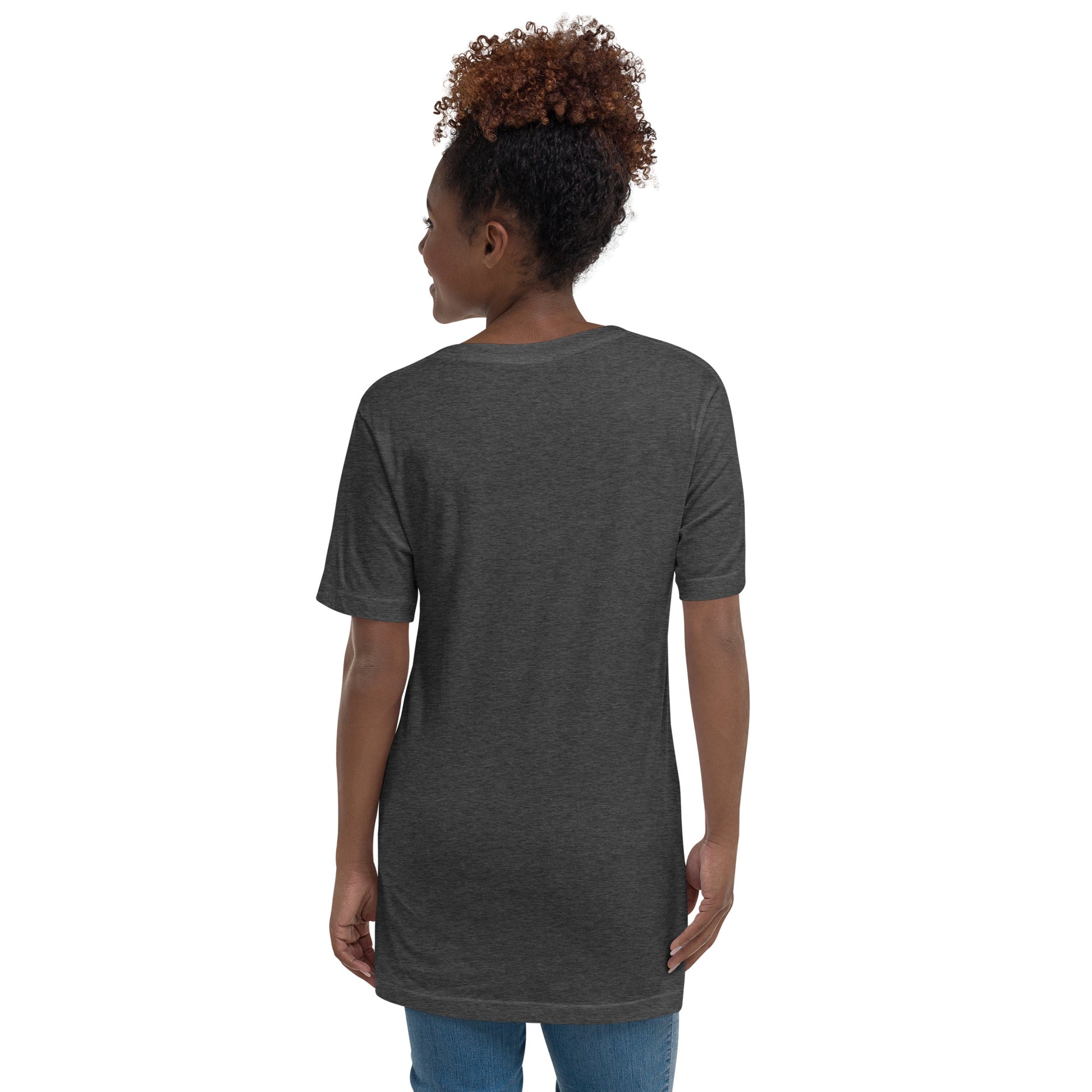 Dark grey heather V-neck tee shown from the back with short sleeves and relaxed fit.