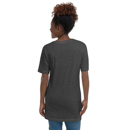 Dark grey heather V-neck tee shown from the back with short sleeves and relaxed fit.