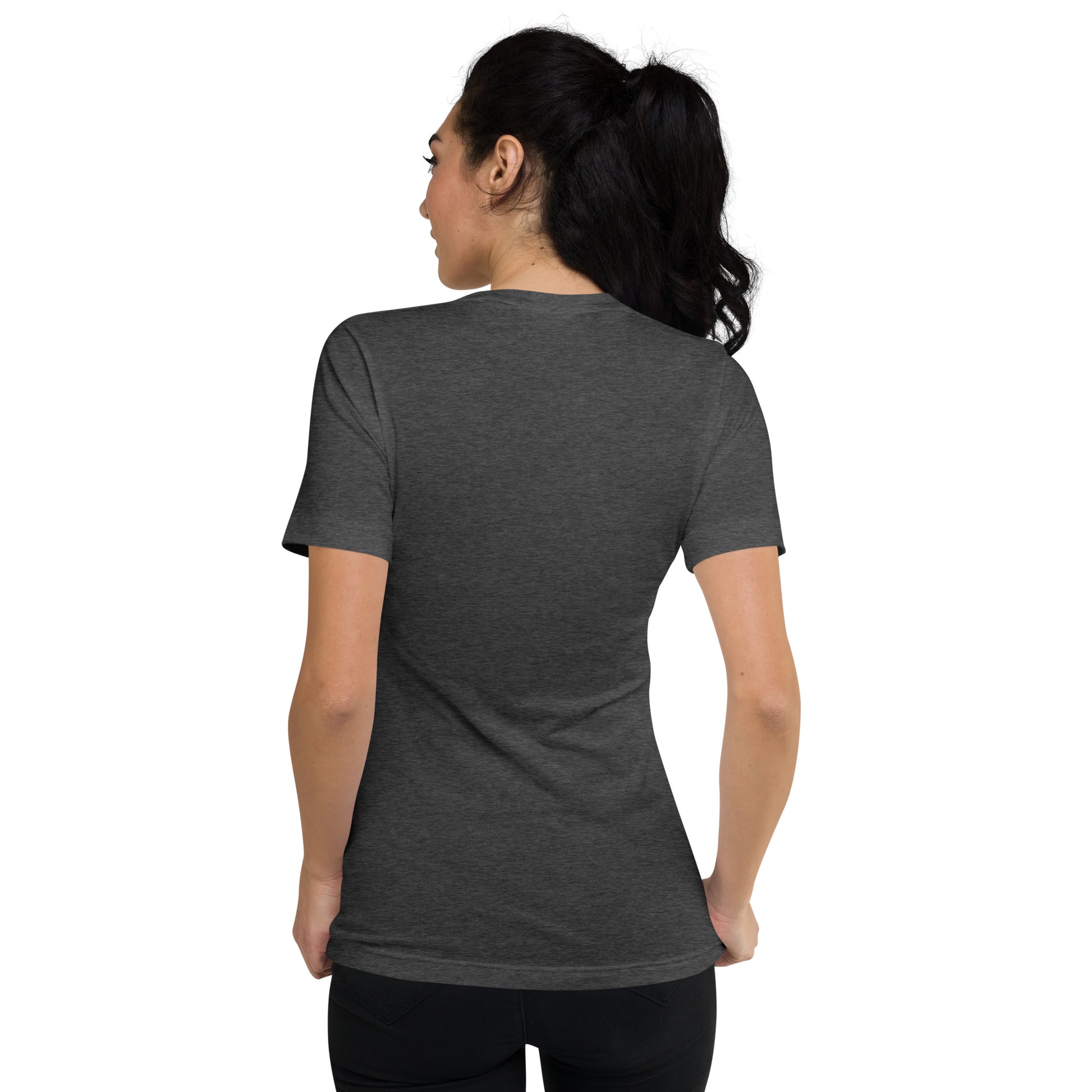 Dark grey heather fitted V-neck tee shown from back on person with dark hair in ponytail.