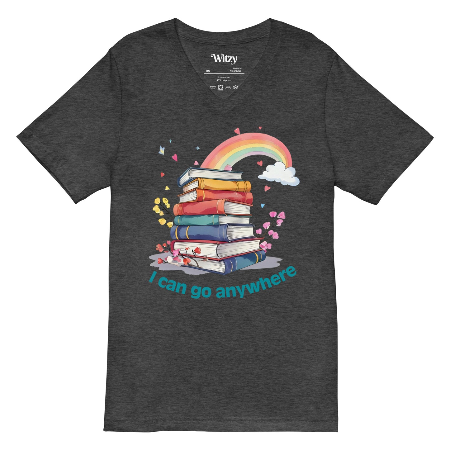 Dark grey v-neck tee with colorful stacked books and rainbow graphic, blue "I can go anywhere" text.