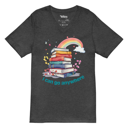 Dark grey v-neck tee with colorful stacked books and rainbow graphic, blue "I can go anywhere" text.