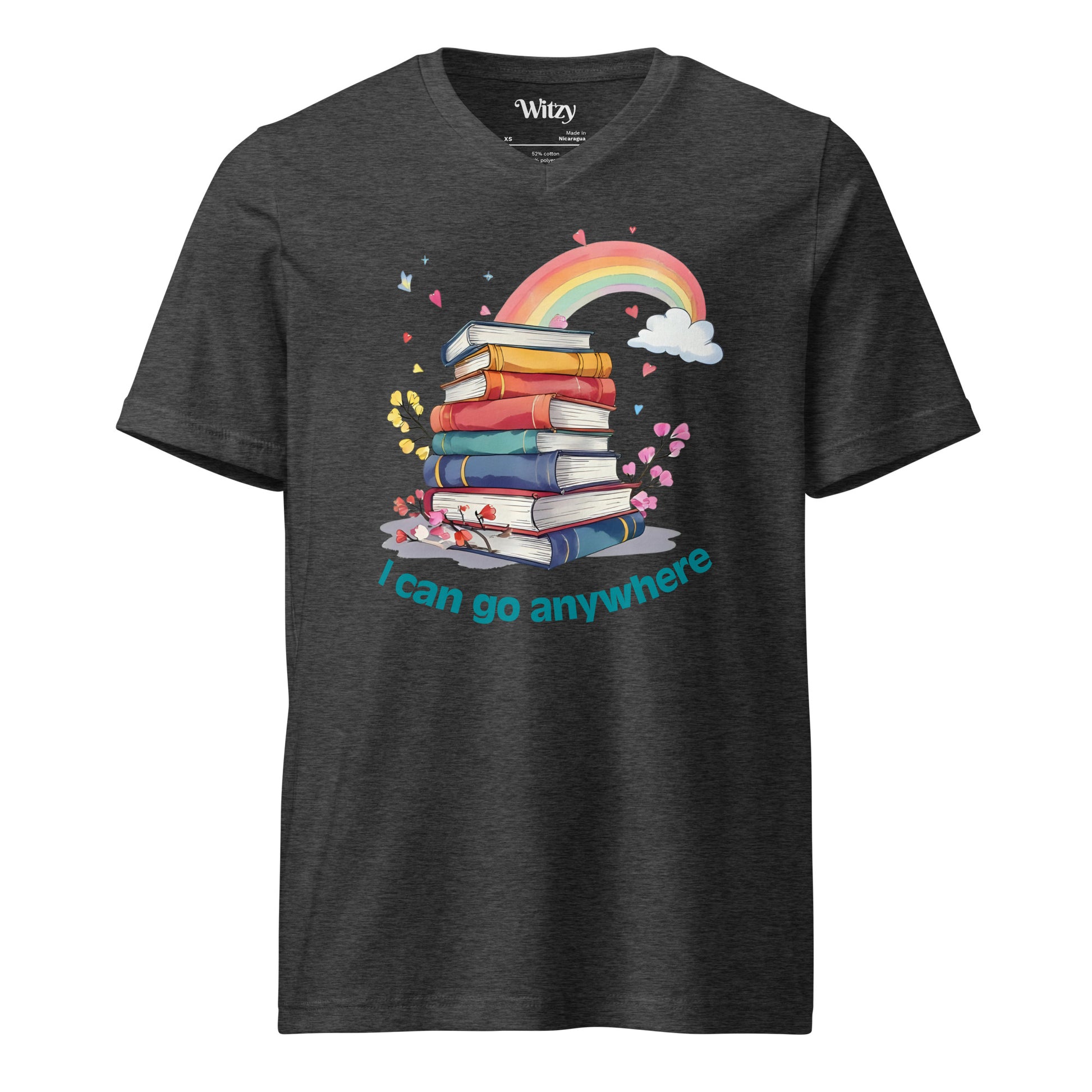 Dark grey v-neck tee with colorful stacked books, rainbow, clouds, and "I can go anywhere" text.