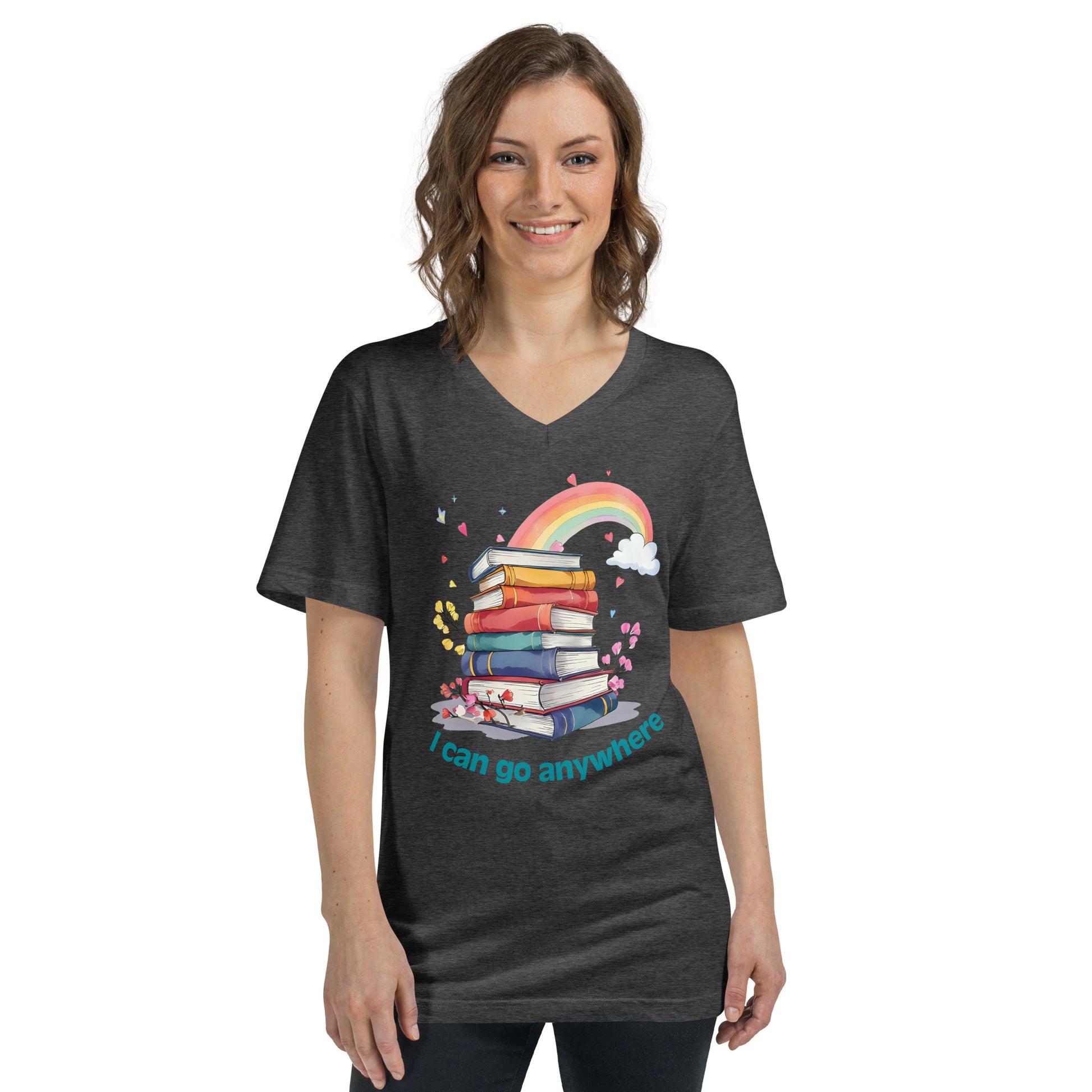 Black unisex v-neck tee with colorful rainbow and stacked books graphic, "I can go anywhere" text below.
