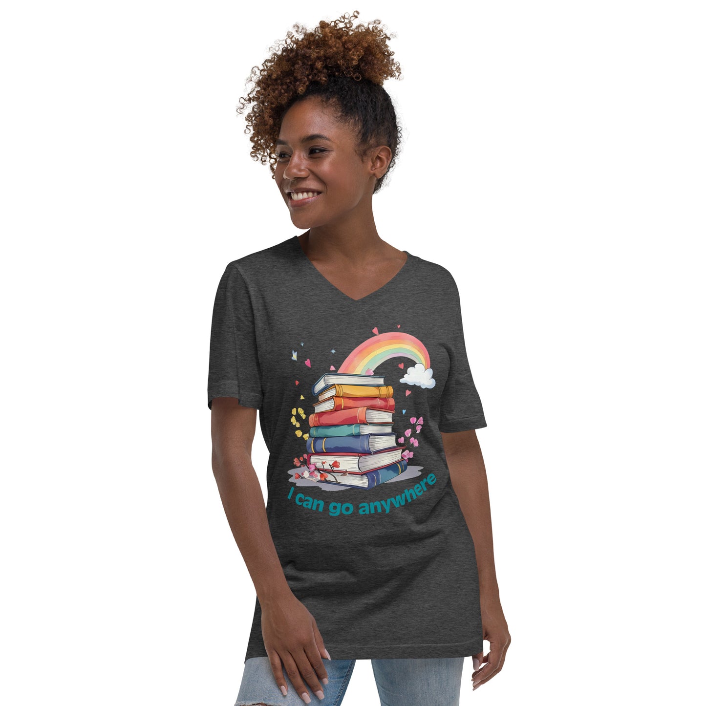 Dark grey heather unisex V-neck tee with rainbow and book stack graphic and "I can go anywhere" text.