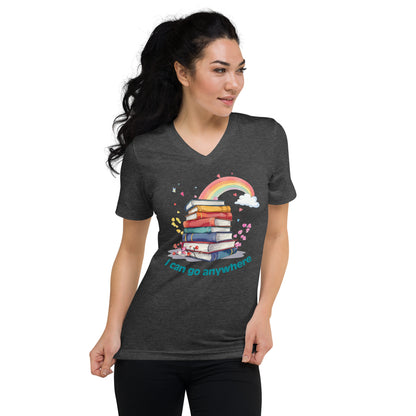 Charcoal unisex V-neck tee with colorful stacked books and "I can go anywhere" rainbow design on front.