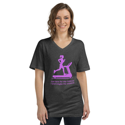 Dark grey heather V-neck tee with purple graphic of woman running on treadmill and humorous childcare fitness text.