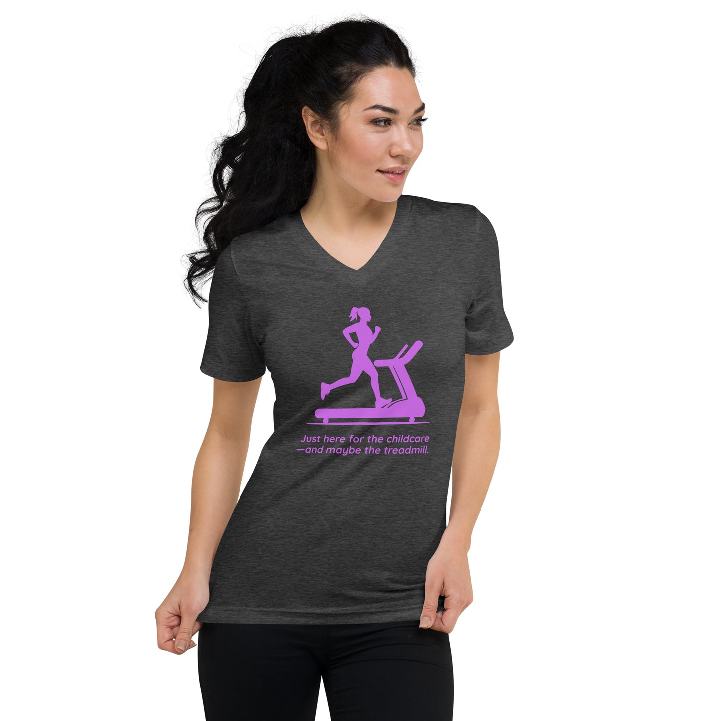 Dark grey V-neck tee with pink graphic of woman on treadmill and humorous childcare workout text.
