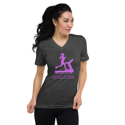 Dark grey V-neck tee with pink graphic of woman on treadmill and humorous childcare workout text.