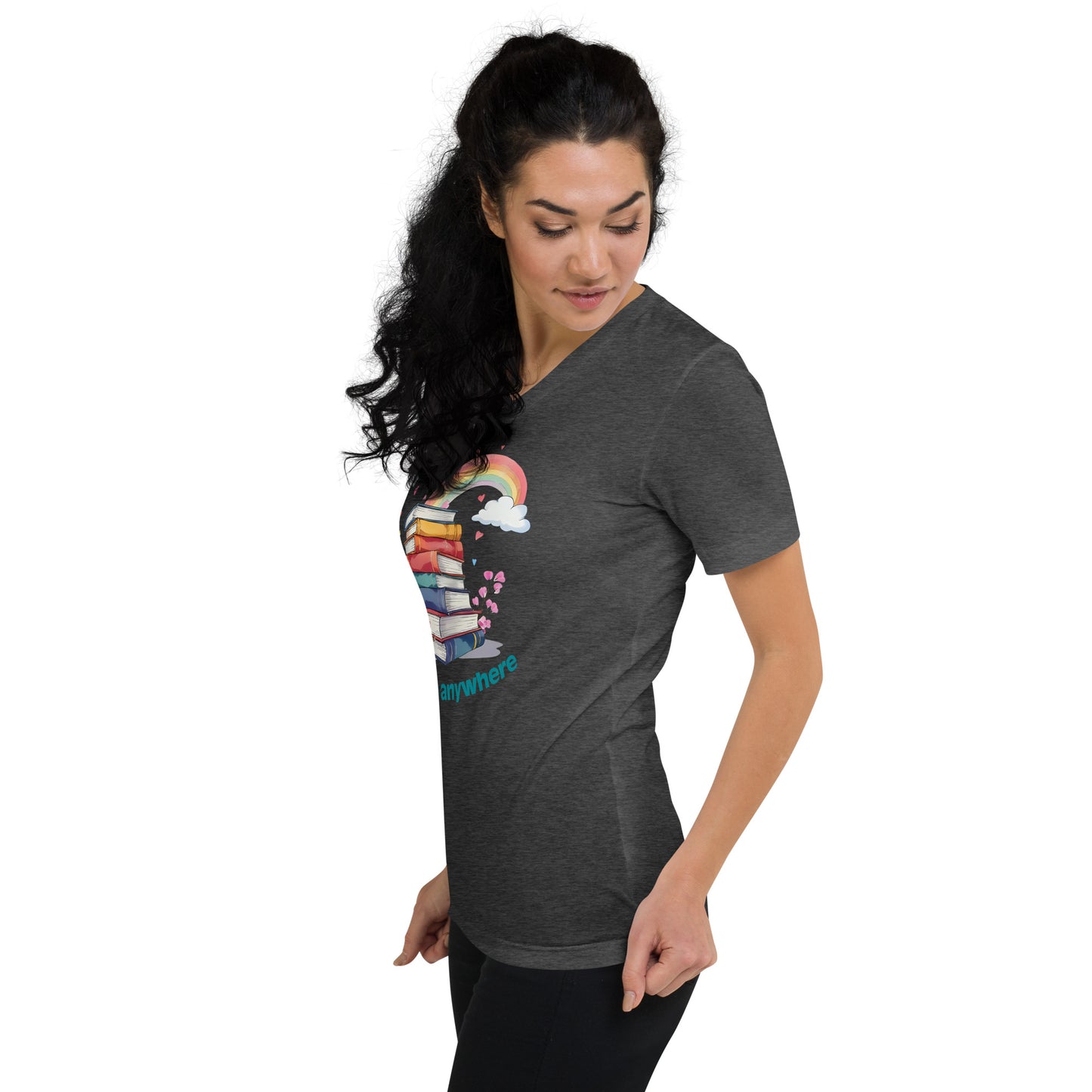 Dark grey heather unisex V-neck tee with colorful rainbow book stack graphic and "I can go anywhere" text.