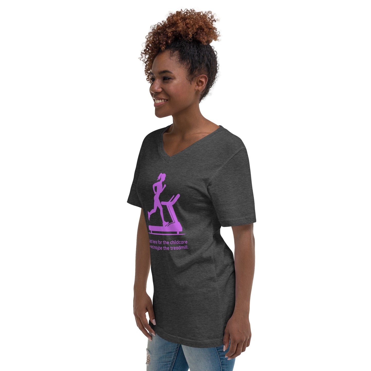Dark grey heather V-neck tee with pink graphic of woman on treadmill and humorous childcare text.