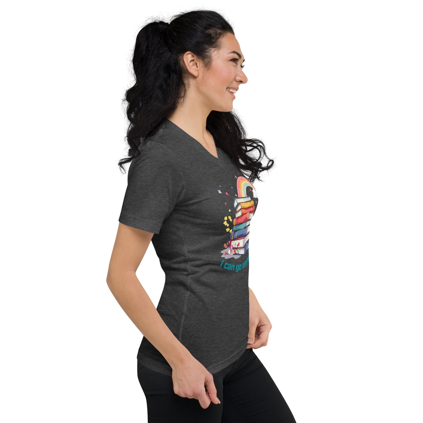 Dark grey heather unisex V-neck tee with colorful stacked books and rainbow design on front.