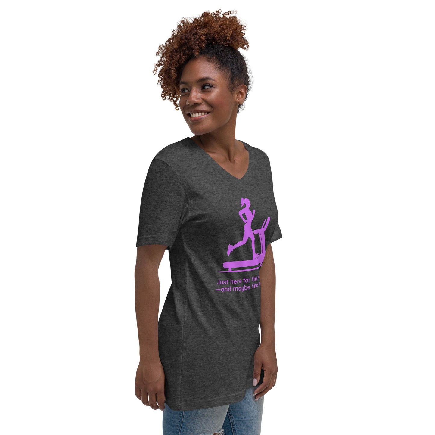 Black V-neck tee with purple treadmill graphic and humorous childcare slogan worn by smiling woman.