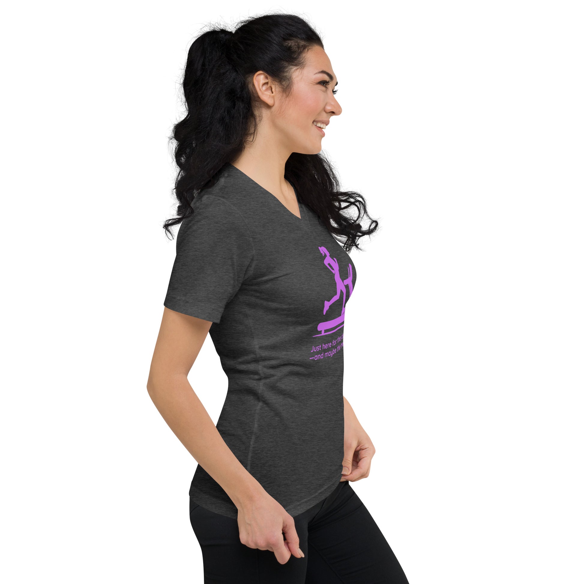 Dark grey heather V-neck tee with purple text and graphic, worn by woman with ponytail.