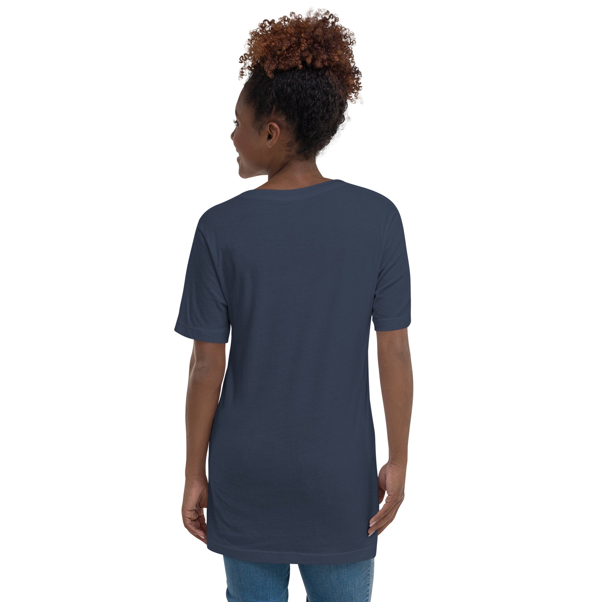 Navy blue soft cotton V-neck tee with short sleeves shown from back on woman model.