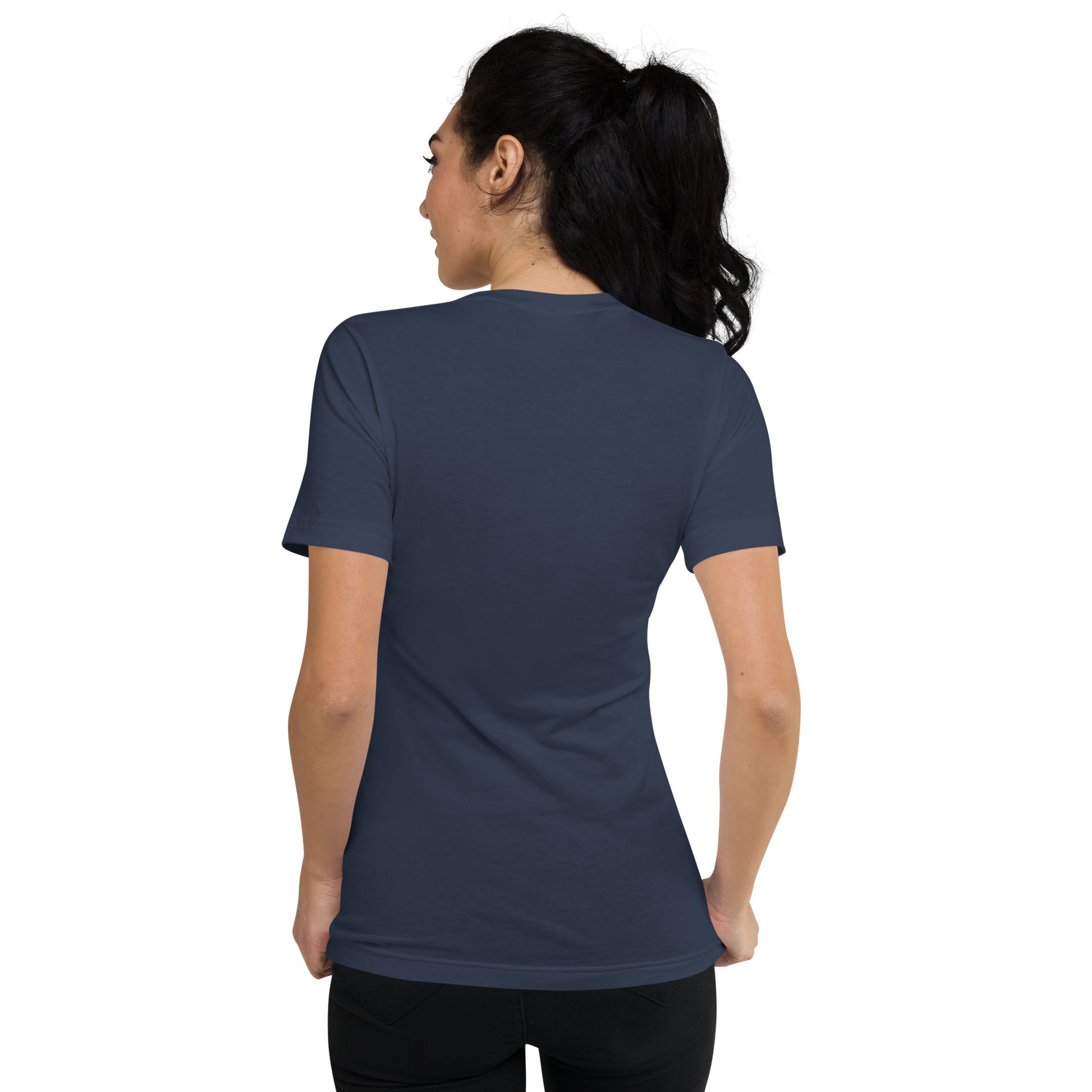 Navy blue fitted women's V-neck t-shirt with short sleeves shown from the back.