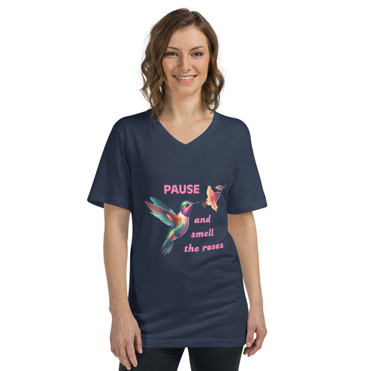Navy blue V-neck tee with colorful hummingbird and pink rose graphic, "Pause and smell the roses" text, relaxed fit.