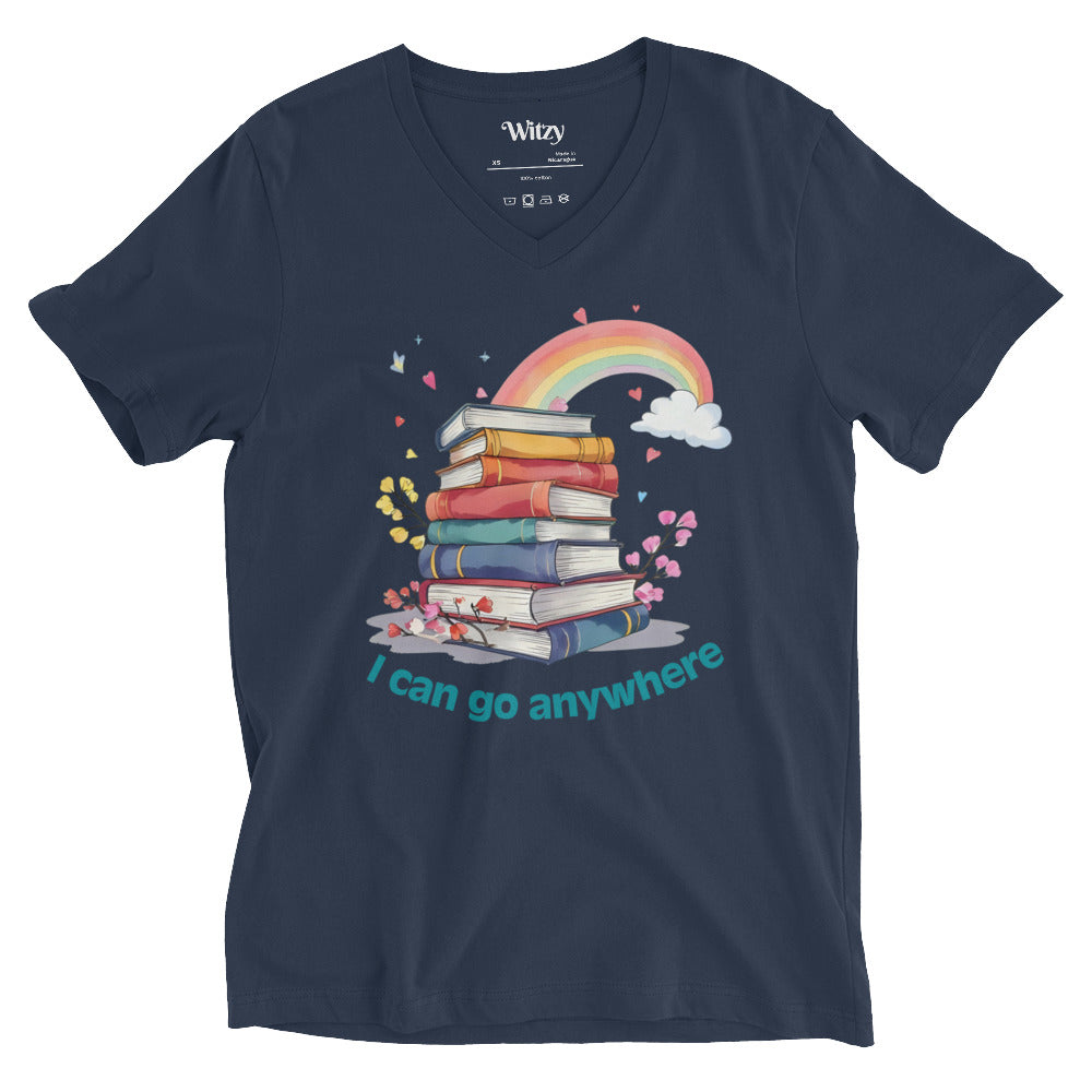 Navy unisex V-neck tee with colorful stacked books, rainbow, clouds, and "I can go anywhere" text.