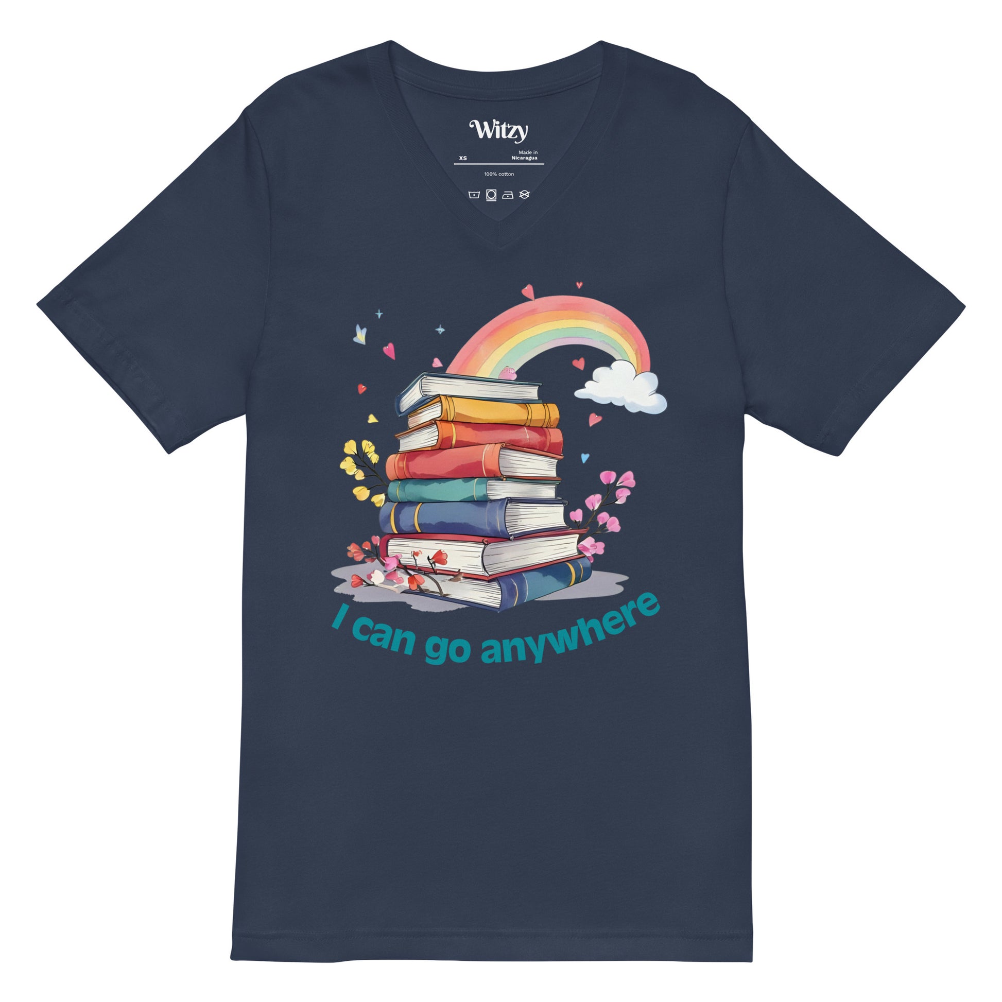 Navy unisex V-neck tee with rainbow, book stack, butterflies, and "I can go anywhere" text design.