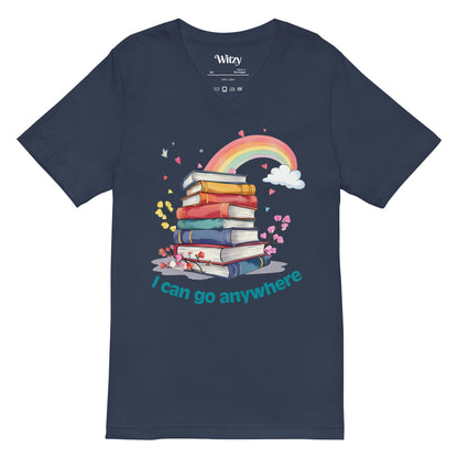 Navy unisex V-neck tee with rainbow, book stack, butterflies, and "I can go anywhere" text design.