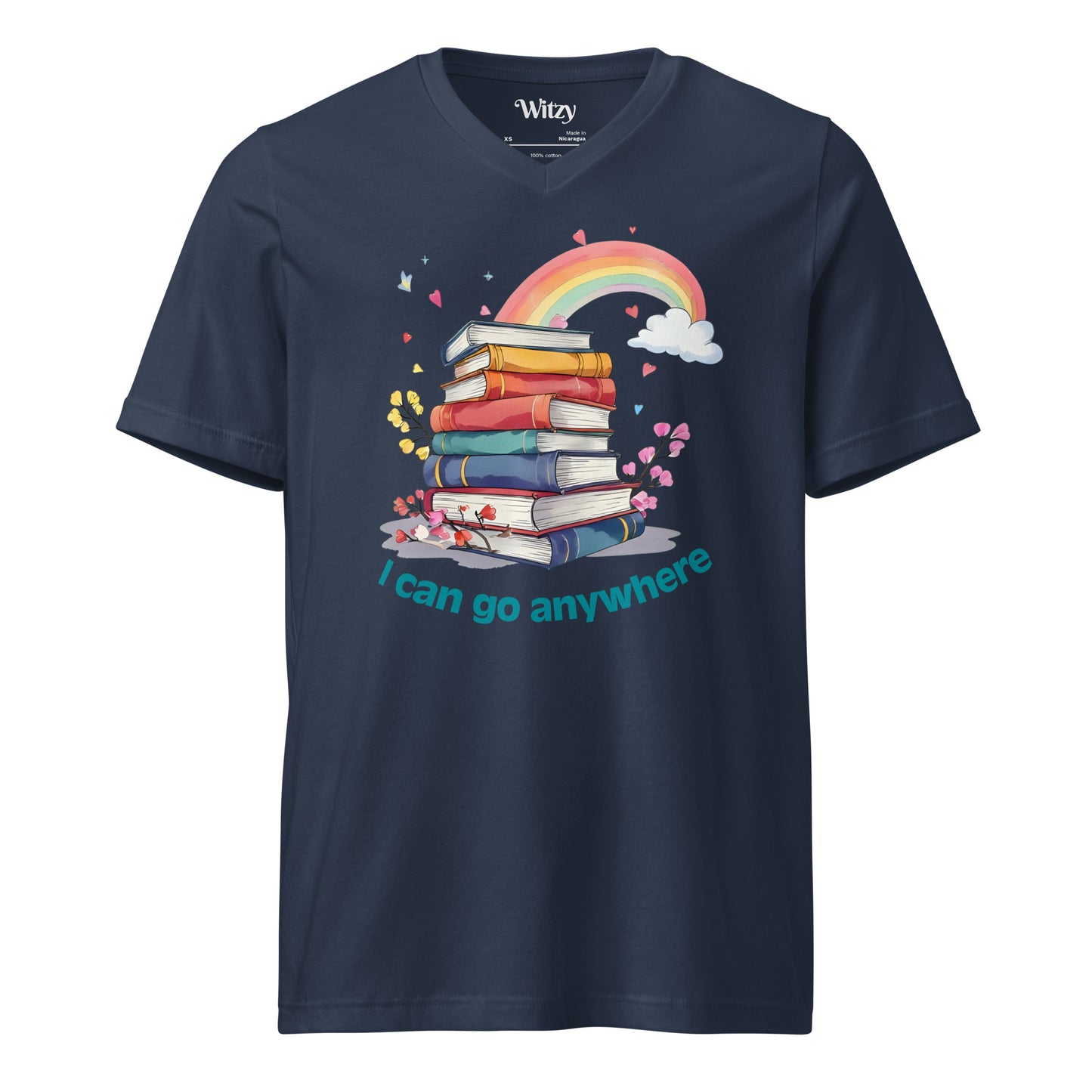 Navy v-neck tee with colorful stacked books, rainbow, stars, and "I can go anywhere" text.