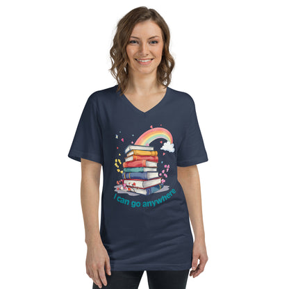 Navy V-neck tee with colorful rainbow arching over stacked books and "I can go anywhere" text.