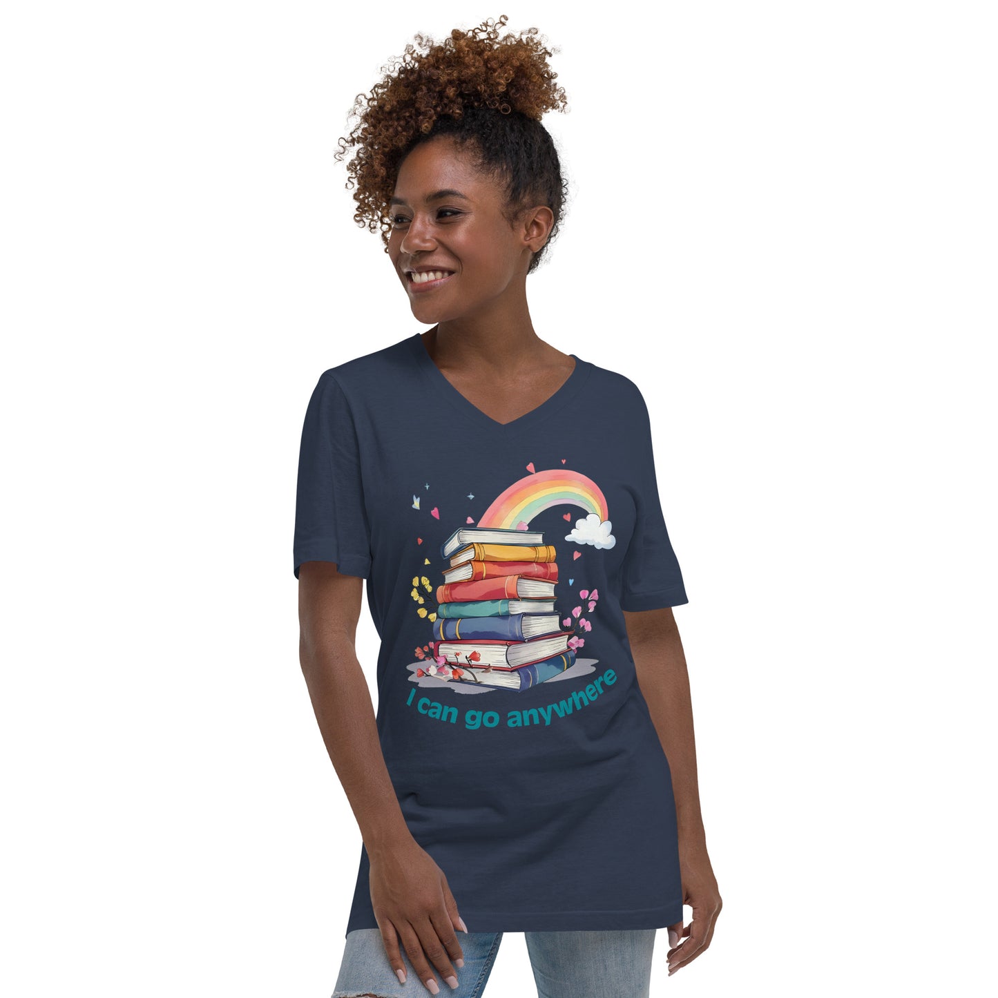Navy unisex V-neck tee with colorful rainbow and stacked books graphic and "I can go anywhere" text.