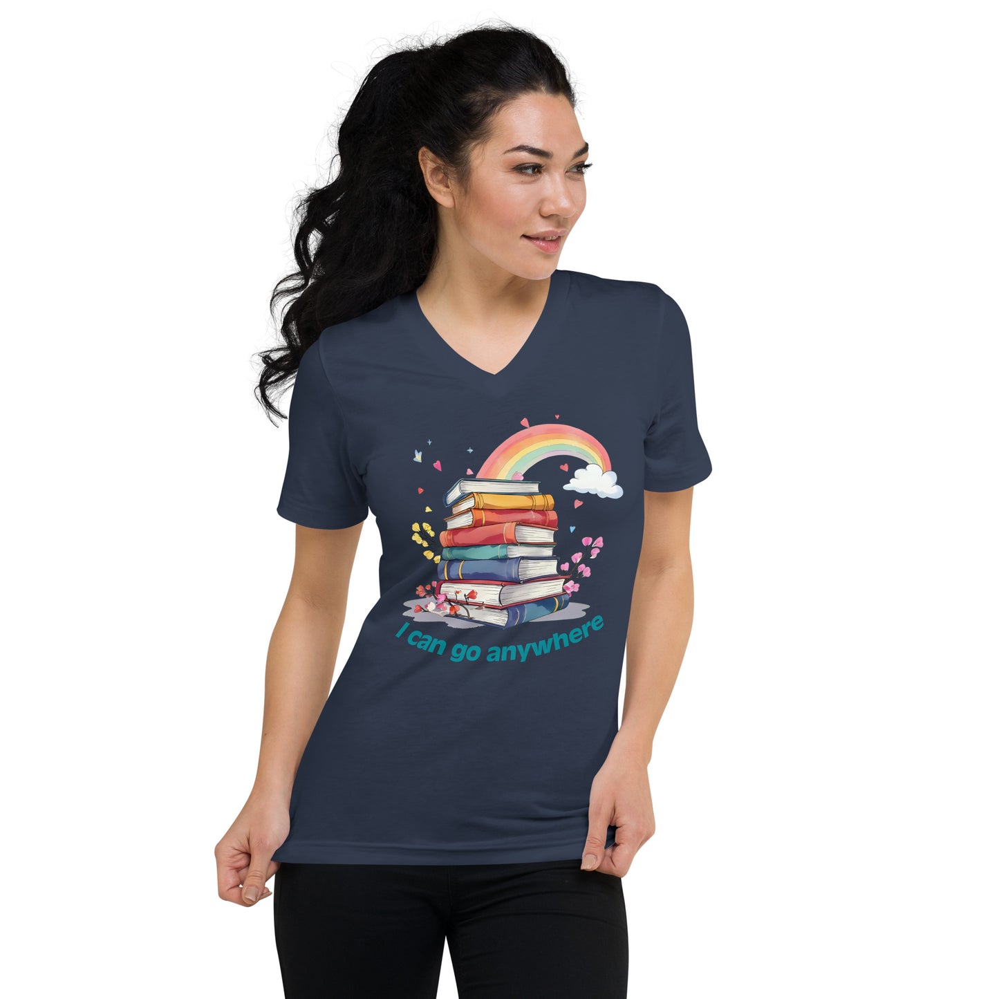 Navy unisex v-neck tee with colorful stacked books and rainbow graphic, "I can go anywhere" text.