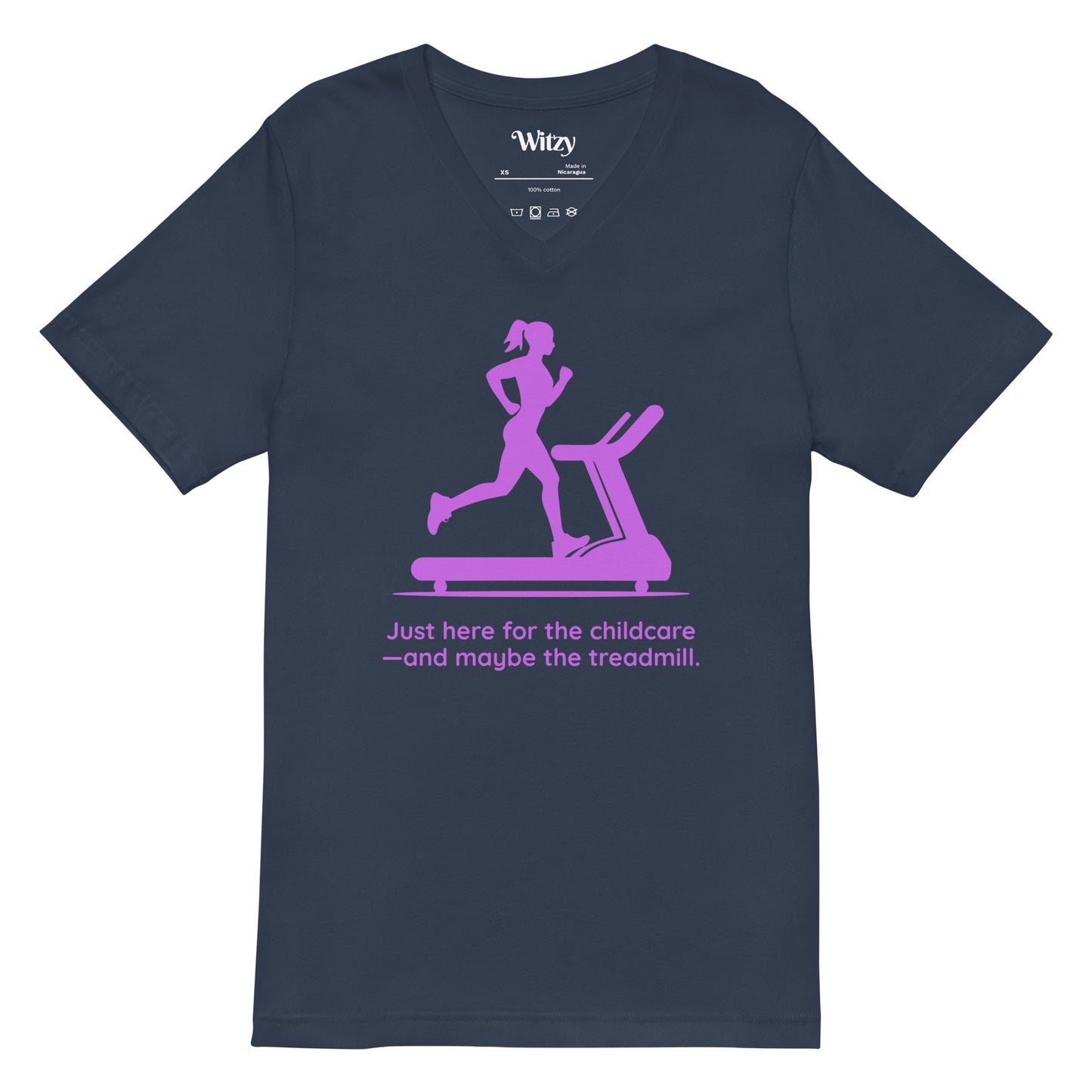 Navy blue v-neck tee with pink graphic of woman running on treadmill and humorous childcare text.