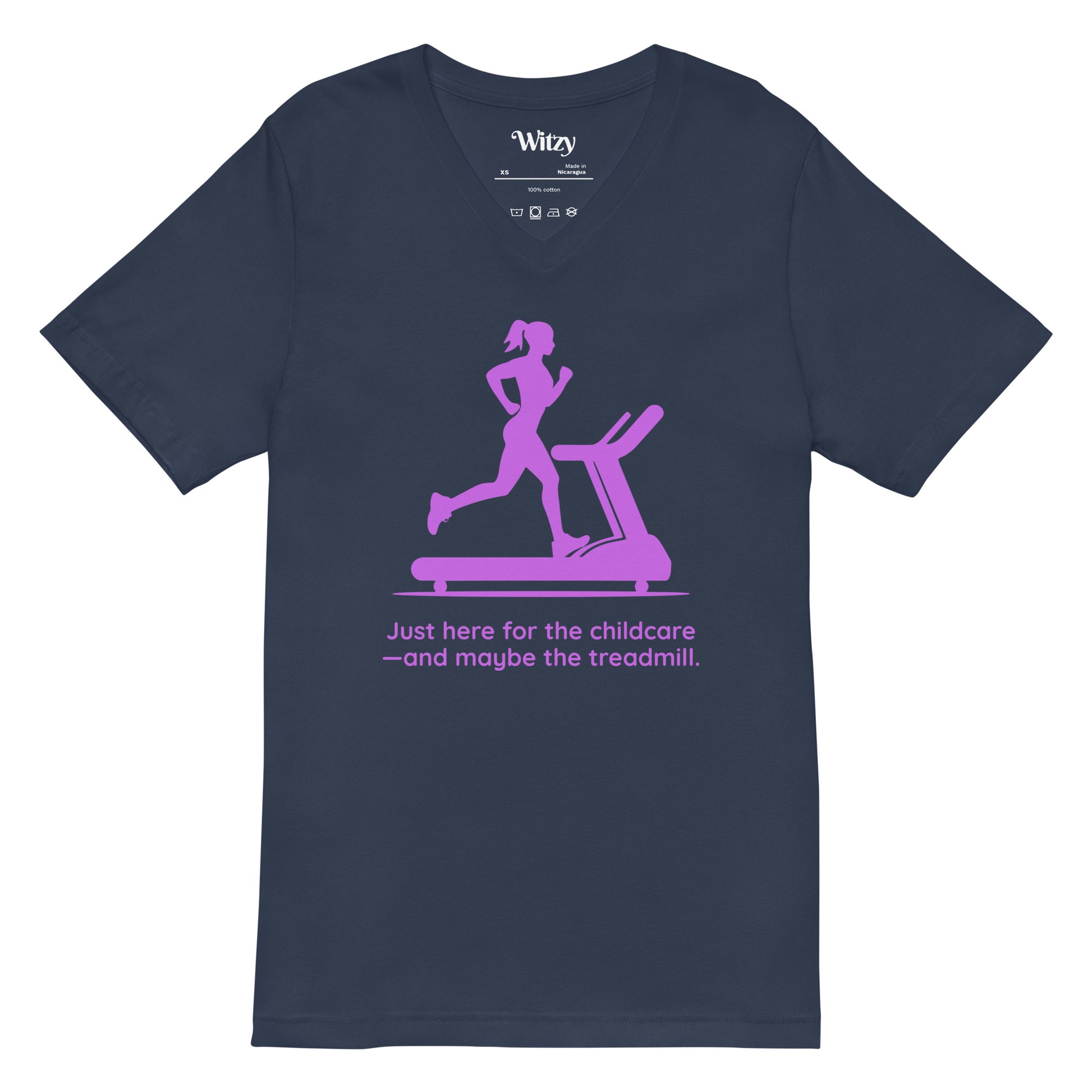 Navy blue v-neck tee with pink graphic of woman running on treadmill and humorous childcare text.