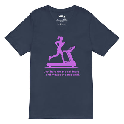 Navy blue v-neck tee with pink graphic of woman running on treadmill and humorous childcare text.