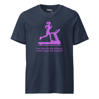 Navy V-neck tee with pink graphic of woman on treadmill and text "Just here for the childcare—and maybe the treadmill".