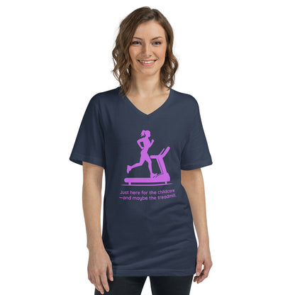 Navy v-neck tee with pink treadmill graphic and "Just here for the childcare—and maybe the treadmill" text.