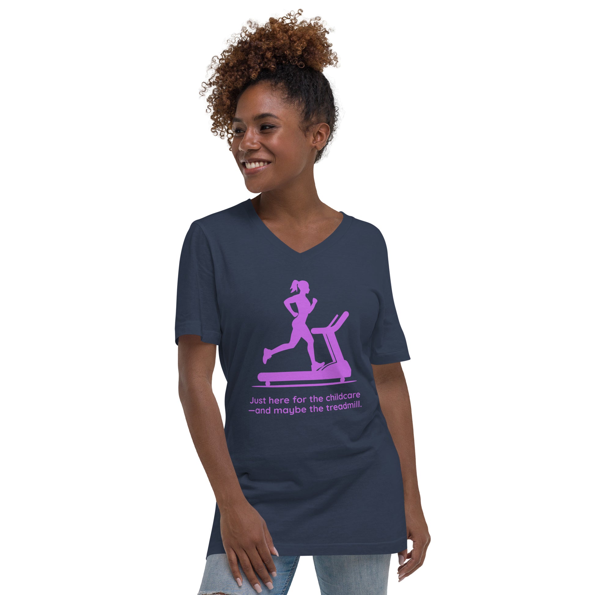Navy V-neck tee with pink treadmill mom graphic and humorous childcare text, worn by smiling woman.