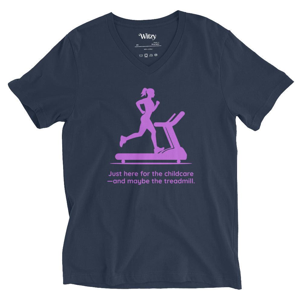 Navy V-neck tee with pink silhouette of woman running on treadmill and text "Just here for the childcare and maybe the.